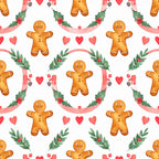 gingerbread man, holiday, christmas, festive, coral pink, red hearts, forest green, holly leaves, berries, candy cane, whimsical, playful, nursery, kids room, children's, baby, seasonal, winter, traditional, retro, cute, smiling faces, decorative, vintage christmas, cheerful, warm tones, golden brown, garland, ribbons, hearts