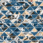 navy blue, cream, beige, geometric triangles, wizard hats, feathers, quill pens, ink bottles, scrolls, parchment, magical elements, hexagons, mystical symbols, school supplies, diamond pattern,, fabric panel, whimsical illustration, academic theme, fantasy motifs