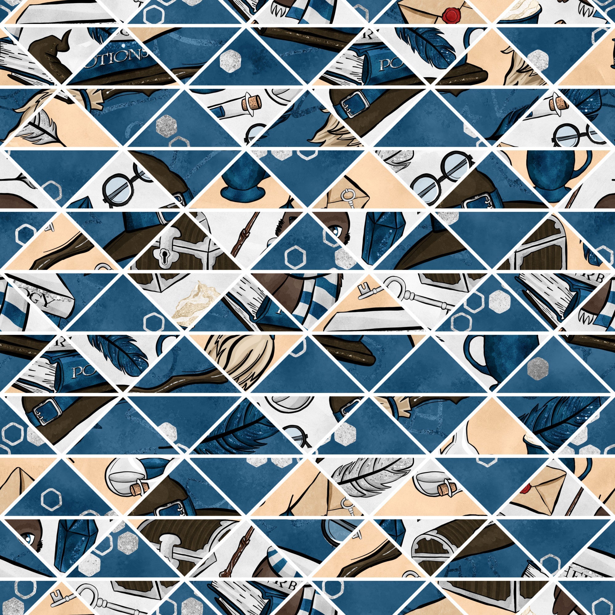 navy blue, cream, beige, geometric triangles, wizard hats, feathers, quill pens, ink bottles, scrolls, parchment, magical elements, hexagons, mystical symbols, school supplies, diamond pattern,, fabric panel, whimsical illustration, academic theme, fantasy motifs