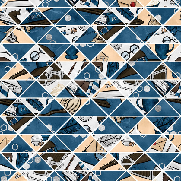navy blue, cream, beige, geometric triangles, wizard hats, feathers, quill pens, ink bottles, scrolls, parchment, magical elements, hexagons, mystical symbols, school supplies, diamond pattern,, fabric panel, whimsical illustration, academic theme, fantasy motifs