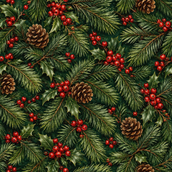 forest green, deep green, red berries, burgundy red, brown pinecones, holly leaves, evergreen branches, pine needles, christmas, holiday, winter, festive, traditional, rustic, elegant, nature-inspired, botanical, seasonal, decorative berries, natural elements, classic holiday, warm tones, cool greens, dimensional, detailed, timeless, homeware, decor fabric