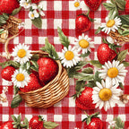 red, white, strawberries, daisies, gingham, checkered pattern, wicker basket, picnic theme,, fabric panel, summer motif, floral design, fruit pattern, cottage core, vintage style, botanical elements, cheerful mood, coordinating print