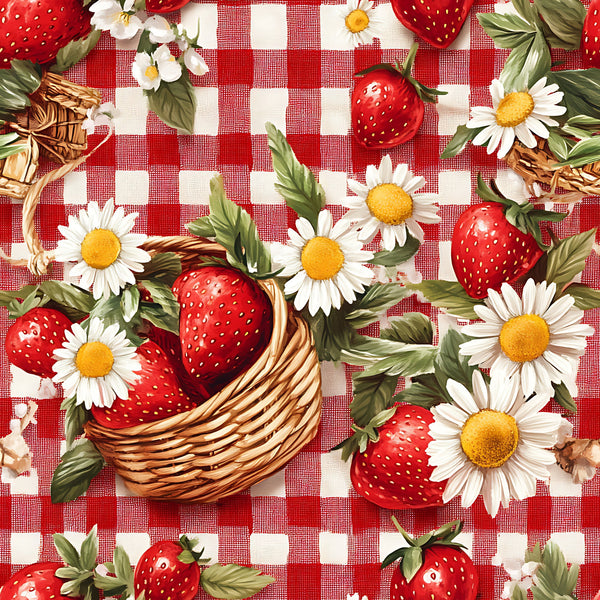 red, white, strawberries, daisies, gingham, checkered pattern, wicker basket, picnic theme,, fabric panel, summer motif, floral design, fruit pattern, cottage core, vintage style, botanical elements, cheerful mood, coordinating print