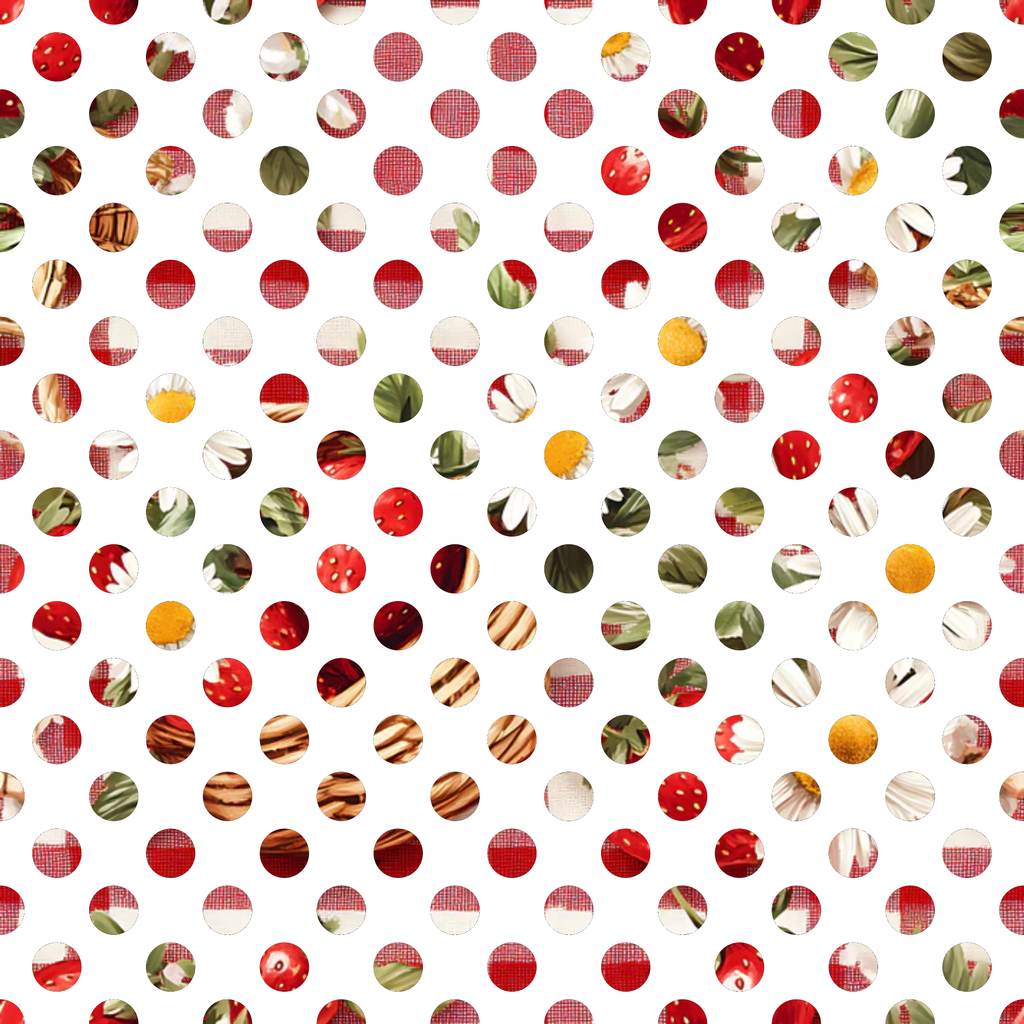 red, white, green, yellow, brown, polka dots, circular pattern, gingham, strawberry motifs, picnic theme,, fabric panel, summer vibes, checkered texture, fruit elements, geometric circles, rustic charm, country style, mixed textures, coordinating prints