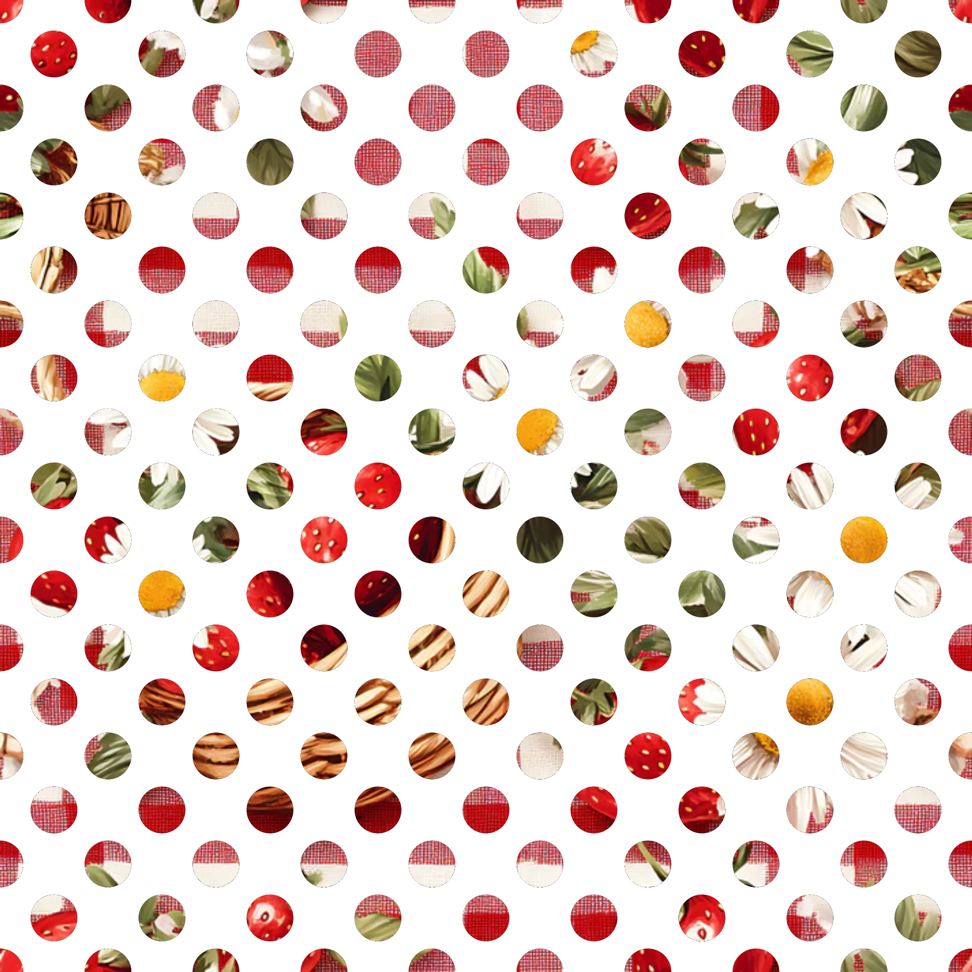 red, white, green, yellow, brown, polka dots, circular pattern, gingham, strawberry motifs, picnic theme,, fabric panel, summer vibes, checkered texture, fruit elements, geometric circles, rustic charm, country style, mixed textures, coordinating prints