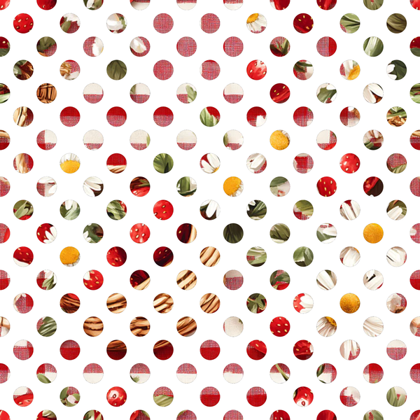 red, white, green, yellow, brown, polka dots, circular pattern, gingham, strawberry motifs, picnic theme,, fabric panel, summer vibes, checkered texture, fruit elements, geometric circles, rustic charm, country style, mixed textures, coordinating prints