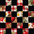 strawberry motifs, white daisies, red gingham, black squares, wicker basket,, fabric panel, checkered pattern, floral elements, summer picnic, berry design, botanical illustration, red and white, cottage core, country style, fruit themed, patchwork blocks, green leaves, yellow centers, pastoral mood