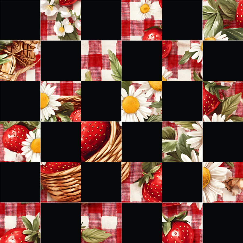 strawberry motifs, white daisies, red gingham, black squares, wicker basket,, fabric panel, checkered pattern, floral elements, summer picnic, berry design, botanical illustration, red and white, cottage core, country style, fruit themed, patchwork blocks, green leaves, yellow centers, pastoral mood