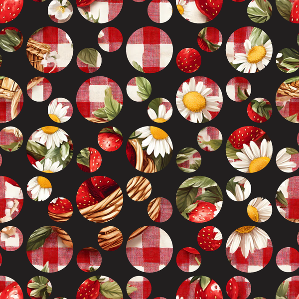 red, white, black, green, yellow, strawberries, daisies, gingham, polka dots, circles, floral, fruit, picnic theme,, fabric panel, summer, cheerful, botanical, geometric, country style