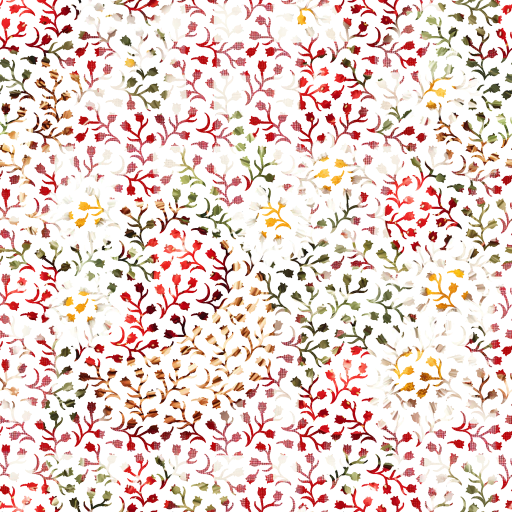 red, green, yellow, brown, white, floral pattern, botanical design, branching stems, small flowers, leaves, gingham texture,, fabric panel, spring theme, nature motif, delicate florals, scattered pattern, organic shapes, soft pastels, crafting material