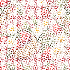 red, green, yellow, brown, white, floral pattern, botanical design, branching stems, small flowers, leaves, gingham texture,, fabric panel, spring theme, nature motif, delicate florals, scattered pattern, organic shapes, soft pastels, crafting material