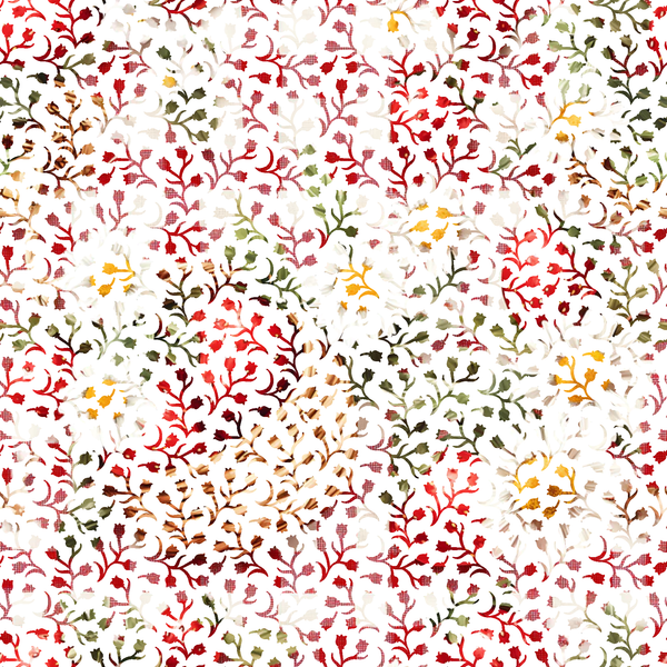 red, green, yellow, brown, white, floral pattern, botanical design, branching stems, small flowers, leaves, gingham texture,, fabric panel, spring theme, nature motif, delicate florals, scattered pattern, organic shapes, soft pastels, crafting material