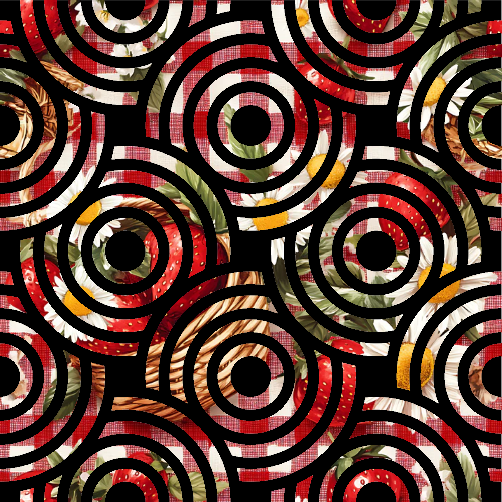 strawberry motifs, gingham pattern, red accents, green leaves, yellow highlights, white background, black outlines, concentric circles, geometric design,, fabric panel, picnic theme, summer vibes, food imagery, retro style, repeating pattern, circular motifs, berry illustration, checkered elements, craft fabric