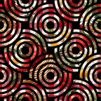 strawberry motifs, gingham pattern, red accents, green leaves, yellow highlights, white background, black outlines, concentric circles, geometric design,, fabric panel, picnic theme, summer vibes, food imagery, retro style, repeating pattern, circular motifs, berry illustration, checkered elements, craft fabric