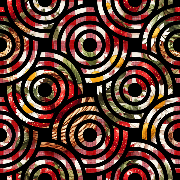 strawberry motifs, gingham pattern, red accents, green leaves, yellow highlights, white background, black outlines, concentric circles, geometric design,, fabric panel, picnic theme, summer vibes, food imagery, retro style, repeating pattern, circular motifs, berry illustration, checkered elements, craft fabric