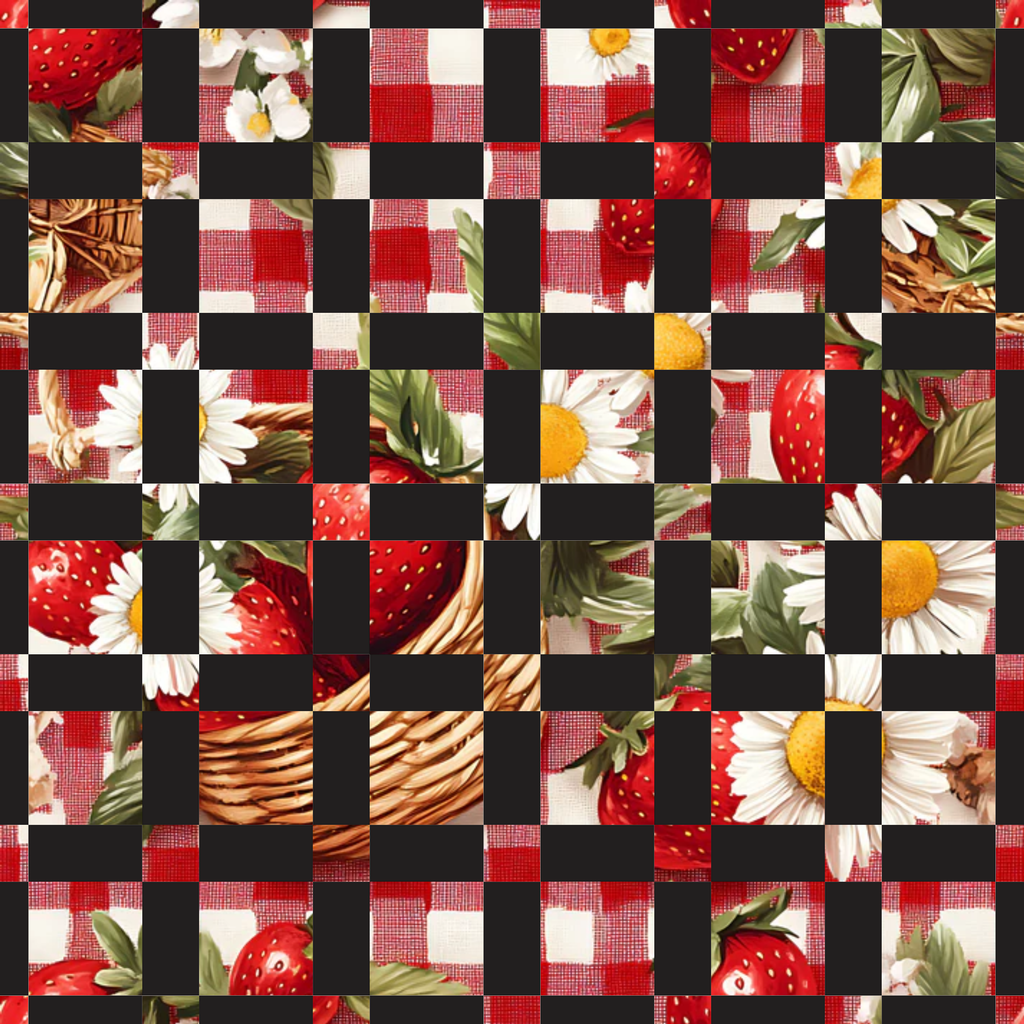 strawberry pattern, gingham checkerboard, red and white, black squares, daisy flowers, yellow centers, white petals, wicker basket, picnic theme,, fabric panel, summer motif, checkered design, botanical elements, fruit illustration, patchwork style, cottage core, rustic charm, garden theme