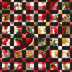 strawberry pattern, gingham checkerboard, red and white, black squares, daisy flowers, yellow centers, white petals, wicker basket, picnic theme,, fabric panel, summer motif, checkered design, botanical elements, fruit illustration, patchwork style, cottage core, rustic charm, garden theme