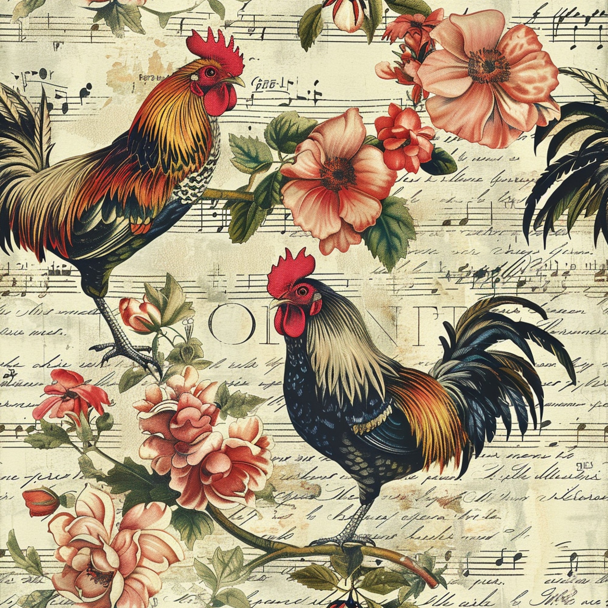 roosters, chickens, farm animals, coral flowers, pink blooms, musical notes, sheet music, vintage style, botanical elements, green leaves, cream background,, fabric panel, country theme, farmhouse motif, floral design, bird illustrations, antique aesthetic, peachy pink, rustic charm