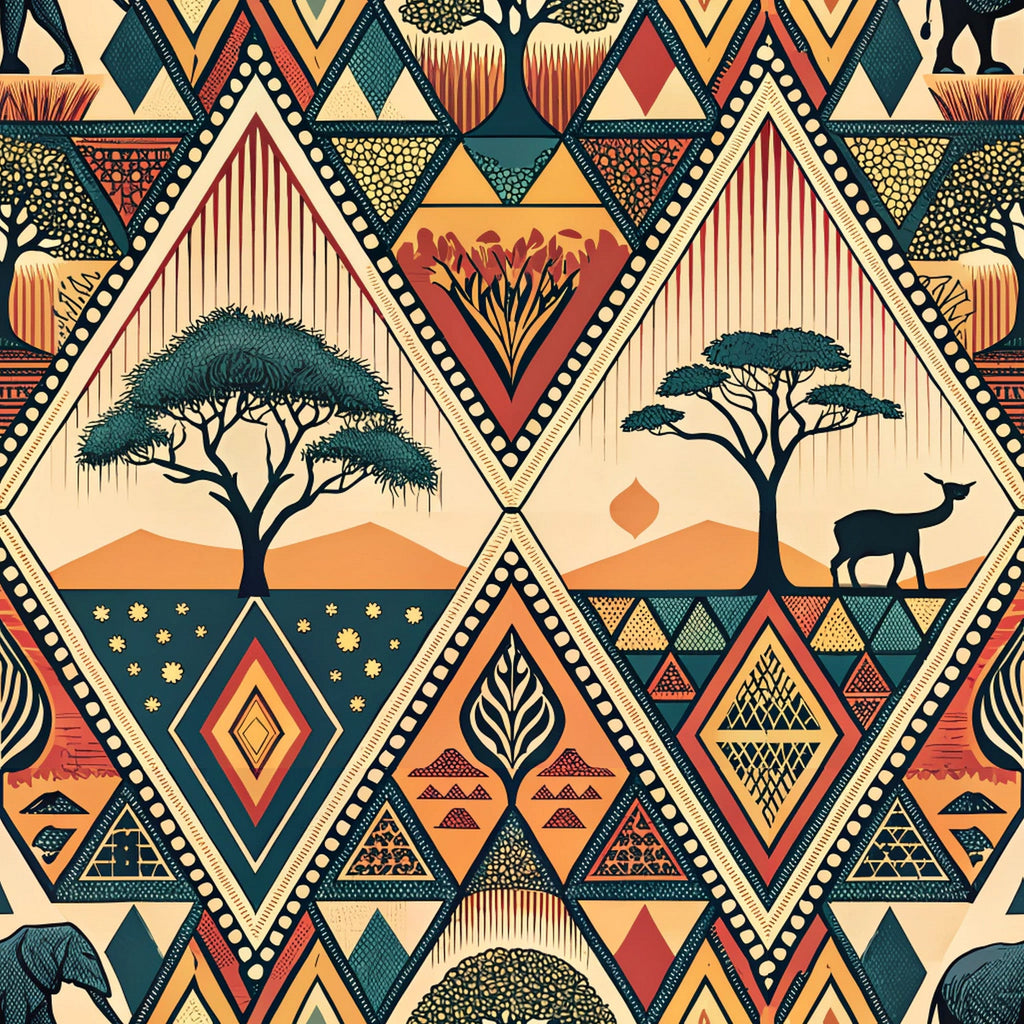 african tribal, geometric patterns, diamond shapes, acacia trees, safari animals, antelope silhouettes, earth tones, burnt orange, teal green, cream beige, rust red, triangular motifs, chevron designs, dotted borders, savanna landscape, sunset colors,, fabric panel, ethnic art, tribal motifs