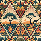 african tribal, geometric patterns, diamond shapes, acacia trees, safari animals, antelope silhouettes, earth tones, burnt orange, teal green, cream beige, rust red, triangular motifs, chevron designs, dotted borders, savanna landscape, sunset colors,, fabric panel, ethnic art, tribal motifs