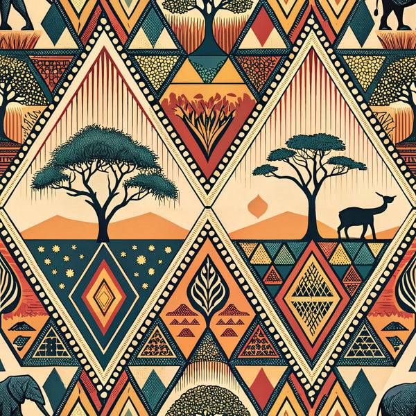 african tribal, geometric patterns, diamond shapes, acacia trees, safari animals, antelope silhouettes, earth tones, burnt orange, teal green, cream beige, rust red, triangular motifs, chevron designs, dotted borders, savanna landscape, sunset colors,, fabric panel, ethnic art, tribal motifs