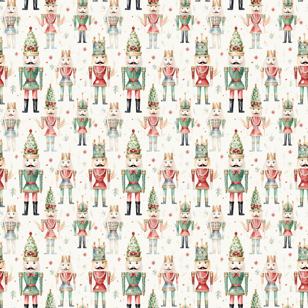 watercolor nutcrackers, christmas pattern, allover design,, fabric panel, holiday theme, festive characters, toy soldiers, red green cream, pastel colors, winter decorations, christmas trees, repeating motif, whimsical illustration, seasonal fabric, craft material, sewing supplies, holiday quilting, nutcracker dolls