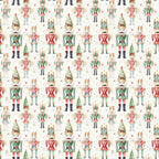 watercolor nutcrackers, christmas pattern, allover design,, fabric panel, holiday theme, festive characters, toy soldiers, red green cream, pastel colors, winter decorations, christmas trees, repeating motif, whimsical illustration, seasonal fabric, craft material, sewing supplies, holiday quilting, nutcracker dolls