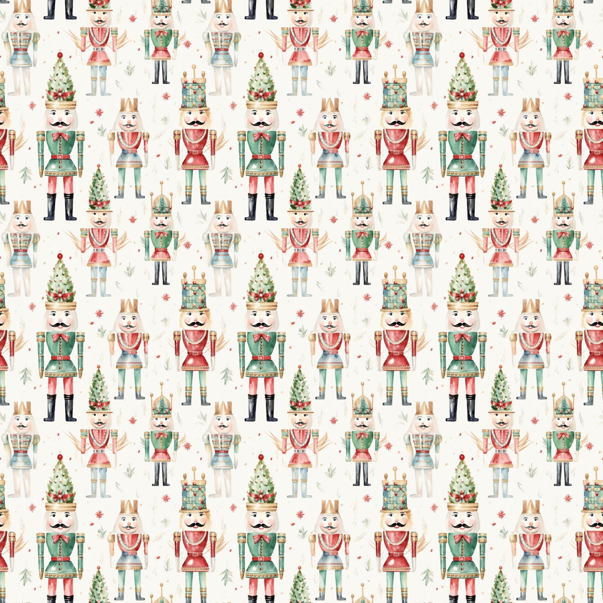 watercolor nutcrackers, christmas pattern, allover design,, fabric panel, holiday theme, festive characters, toy soldiers, red green cream, pastel colors, winter decorations, christmas trees, repeating motif, whimsical illustration, seasonal fabric, craft material, sewing supplies, holiday quilting, nutcracker dolls