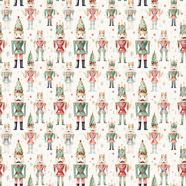 watercolor nutcrackers, christmas pattern, allover design,, fabric panel, holiday theme, festive characters, toy soldiers, red green cream, pastel colors, winter decorations, christmas trees, repeating motif, whimsical illustration, seasonal fabric, craft material, sewing supplies, holiday quilting, nutcracker dolls