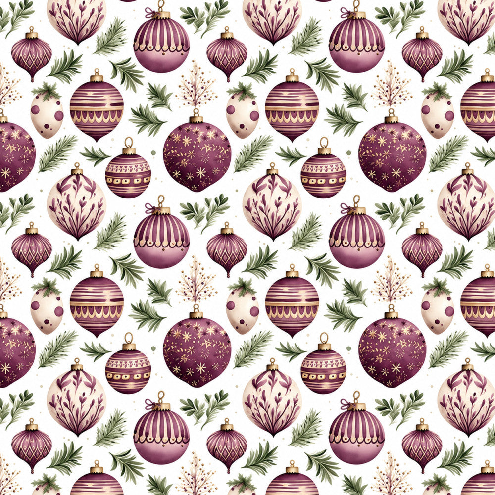 plum purple, dusty rose, cream, gold, evergreen, christmas ornament, holiday, festive, elegant, traditional, luxurious, sophisticated, baubles, spheres, geometric patterns, striped, dotted, floral sprigs, botanical, pine branches, winter greenery, seasonal, christmas decor, vintage holiday, ornate details, formal, decorative, celestial shimmer