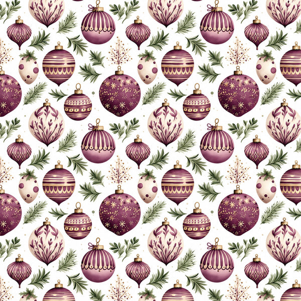 plum purple, dusty rose, cream, gold, evergreen, christmas ornament, holiday, festive, elegant, traditional, luxurious, sophisticated, baubles, spheres, geometric patterns, striped, dotted, floral sprigs, botanical, pine branches, winter greenery, seasonal, christmas decor, vintage holiday, ornate details, formal, decorative, celestial shimmer
