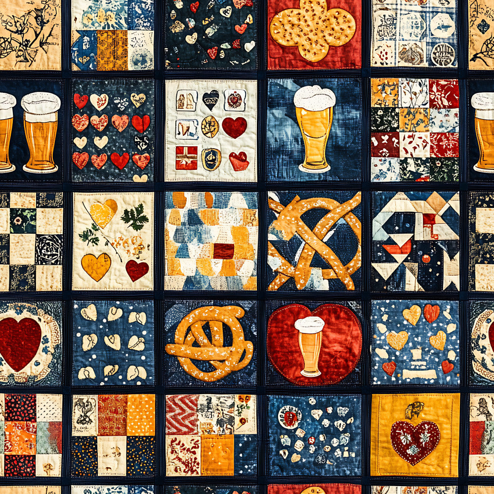 navy blue, cream, red, golden yellow, orange, heart motifs, beer glasses, pretzels, cookies, patchwork, geometric, vintage, bavarian, german, folk art, traditional, whimsical, rustic, retro, food themed, beer and snacks, hearts, autumn, harvest, cottage core, farmhouse style, oktoberfest, beer lover, food lover