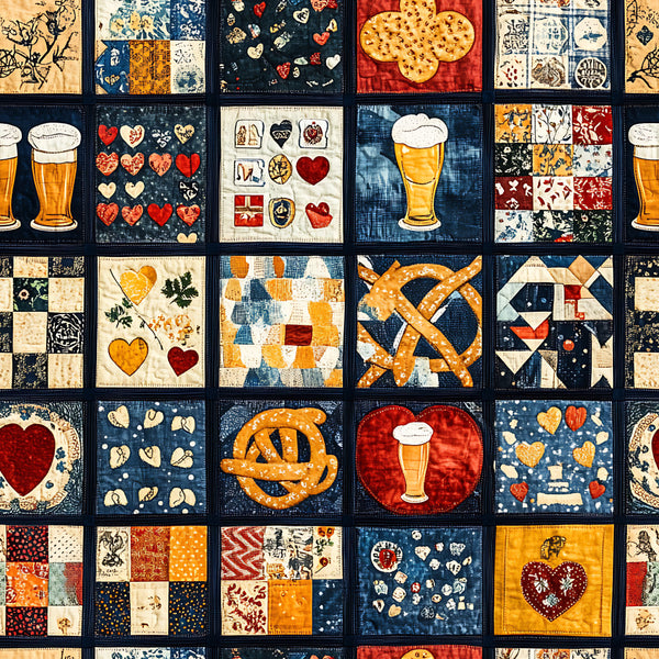 navy blue, cream, red, golden yellow, orange, heart motifs, beer glasses, pretzels, cookies, patchwork, geometric, vintage, bavarian, german, folk art, traditional, whimsical, rustic, retro, food themed, beer and snacks, hearts, autumn, harvest, cottage core, farmhouse style, oktoberfest, beer lover, food lover