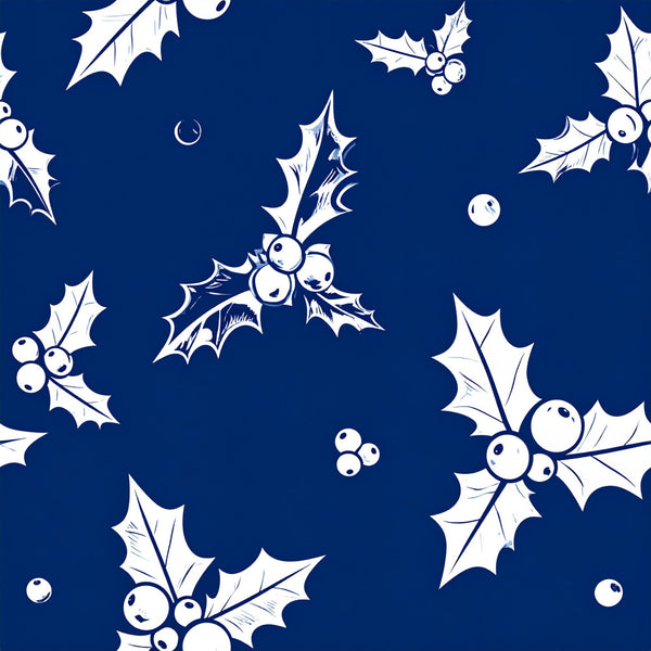 navy blue, white, holly leaves, berries, christmas, holiday, winter, festive, botanical, traditional, elegant, seasonal, december, winter wonderland, christmas decoration, red berries, sprig pattern, vintage christmas, classic holiday, nature-inspired, timeless, sophisticated, dark blue background, scattered motif, repeating pattern, holiday entertaining, christmas aesthetic, winter botanical, traditional design