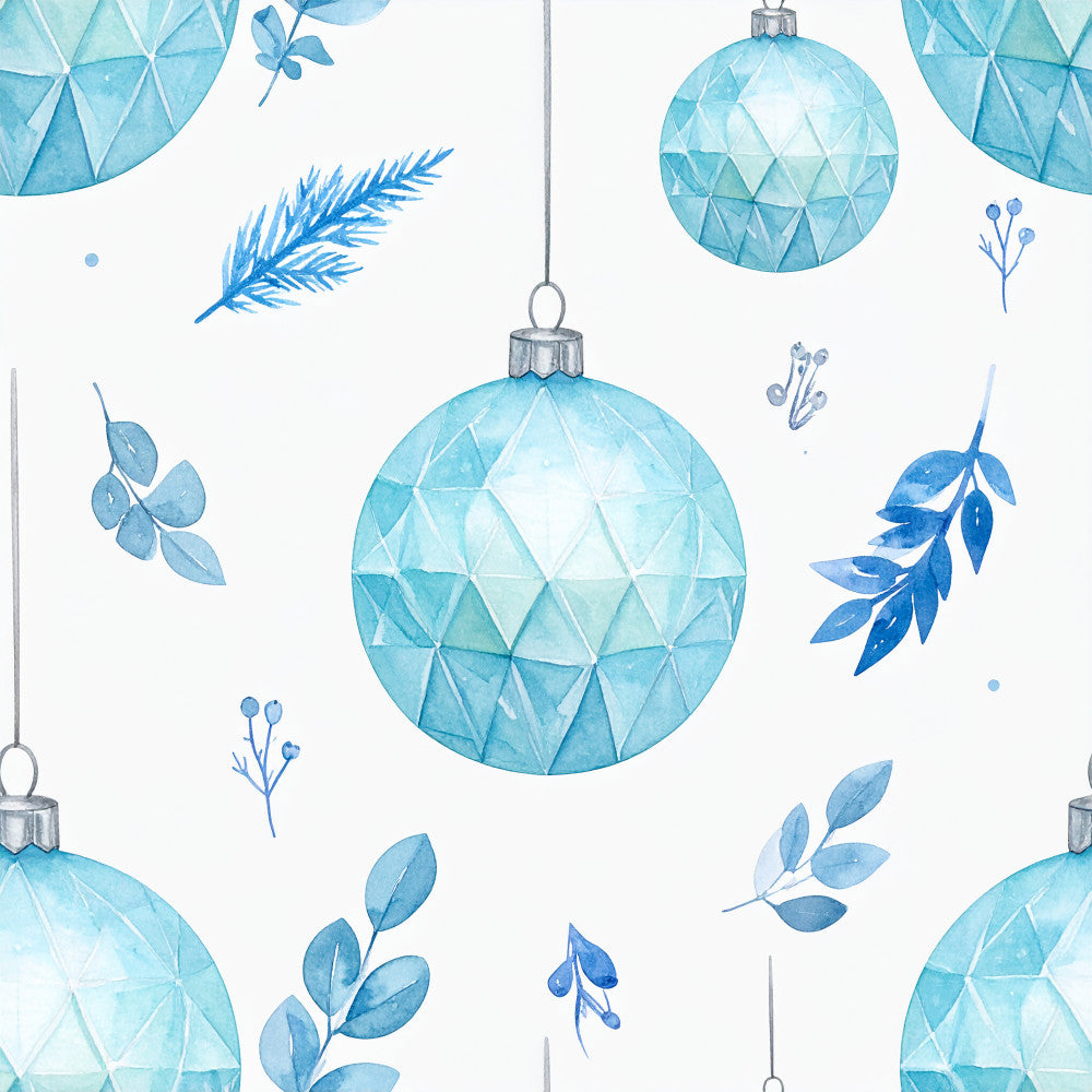 ice blue, turquoise, light blue, powder blue, aqua, geometric ornaments, christmas baubles, holiday decorations, winter, christmas, frozen, crystalline, faceted, modern, elegant, whimsical, botanical elements, eucalyptus leaves, berry sprigs, minimalist, scandinavian, festive, holiday decor, nursery, baby room, gender neutral, winter wonderland, icy blue tones, diamond pattern, three-dimensional ornaments