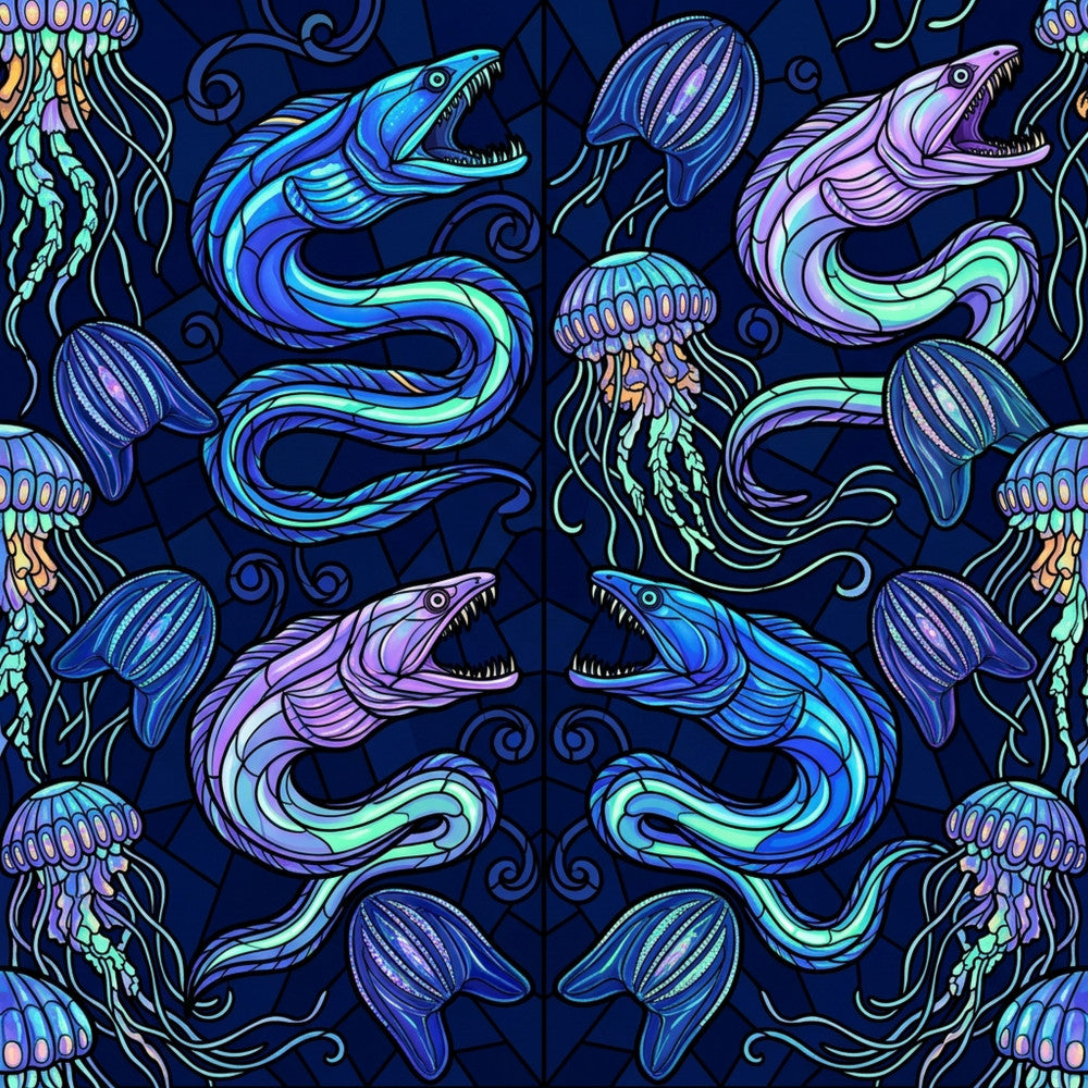 navy blue, deep blue, cyan blue, turquoise, purple, lavender, magenta, neon green, glow-in-the-dark effect, ocean theme, nautical, sea creatures, jellyfish, eels, fish, underwater, marine life, whimsical, fantastical, mystical, bioluminescent, dark background, glowing creatures, modern, contemporary, psychedelic, bold colors, vibrant, kids room, playroom