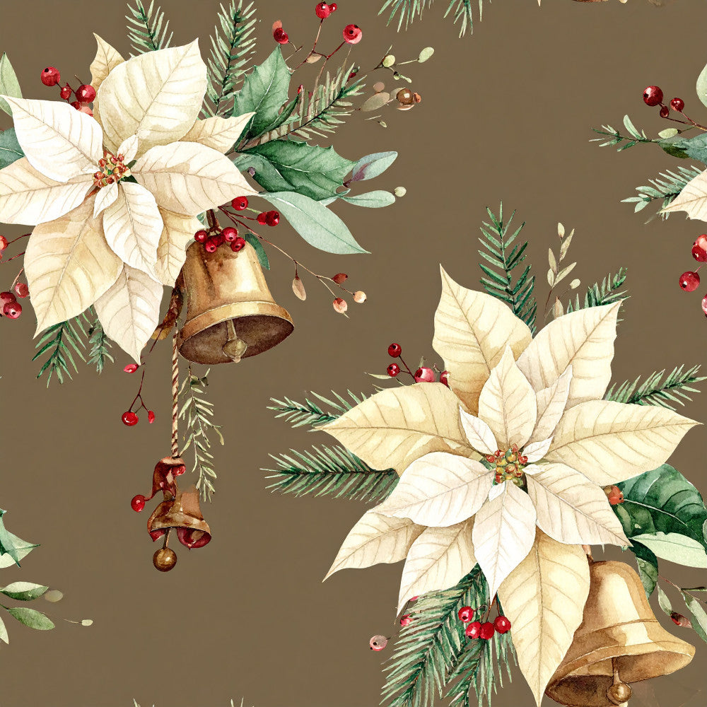 cream poinsettia, white poinsettia, gold bells, red berries, evergreen branches, pine needles, holiday floral, christmas, festive, elegant, traditional, botanical, nature, seasonal, winter, timeless, neutral background, taupe, sage green, forest green, metallic gold, ruby red, vintage holiday, classic christmas, sophisticated, formal, botanical illustration, decorative, upscale