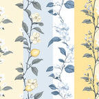 pale yellow, soft blue, cream white, sage green, floral pattern, botanical design, lemon motif, delicate flowers, shabby chic, vintage style, pastel colors, striped layout,, fabric panel, romantic mood, cottage core, spring theme, nature inspired, coordinating prints, gentle aesthetic