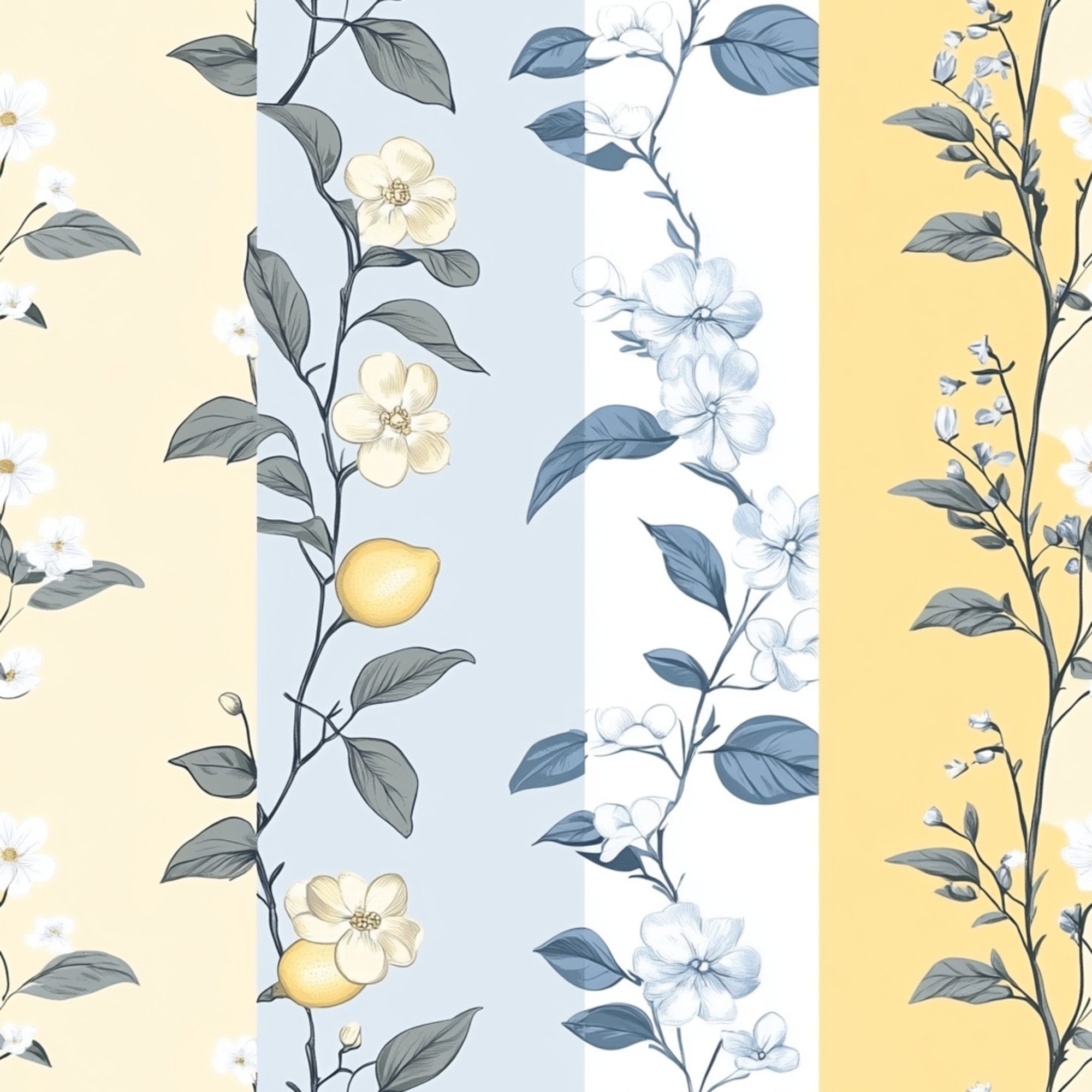 pale yellow, soft blue, cream white, sage green, floral pattern, botanical design, lemon motif, delicate flowers, shabby chic, vintage style, pastel colors, striped layout, quilting cotton, fabric panel, romantic mood, cottage core, spring theme, nature inspired, coordinating prints, gentle aesthetic