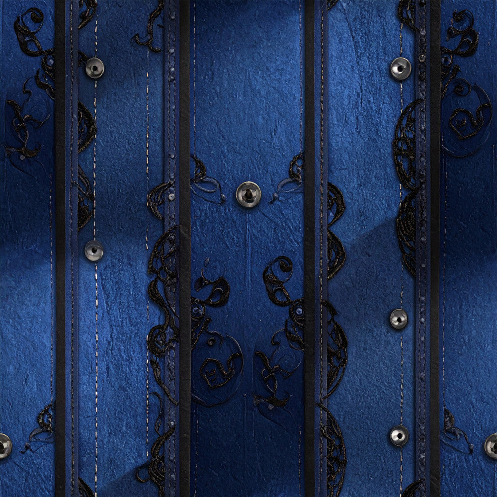 navy blue, deep blue, royal blue, dark blue, metallic silver, ornate hardware, decorative studs, vintage style, steampunk, gothic, elegant, sophisticated, ornamental scrollwork, baroque, traditional, decorative panels, metallic accents, button details, rivets, industrial, dark aesthetic, moody, dramatic, luxury, upholstered look, decorative hardware, embellished, ornate design, classic style