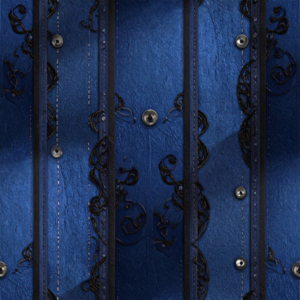 navy blue, deep blue, royal blue, dark blue, metallic silver, ornate hardware, decorative studs, vintage style, steampunk, gothic, elegant, sophisticated, ornamental scrollwork, baroque, traditional, decorative panels, metallic accents, button details, rivets, industrial, dark aesthetic, moody, dramatic, luxury, upholstered look, decorative hardware, embellished, ornate design, classic style