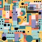 geometric shapes, retro modern, abstract composition, teal, coral, yellow, purple, mint green, black circles, rectangular blocks, dots pattern, lines design, mid-century style, contemporary art,, fabric panel, artistic blocks, color blocking, minimalist geometric, bauhaus inspired