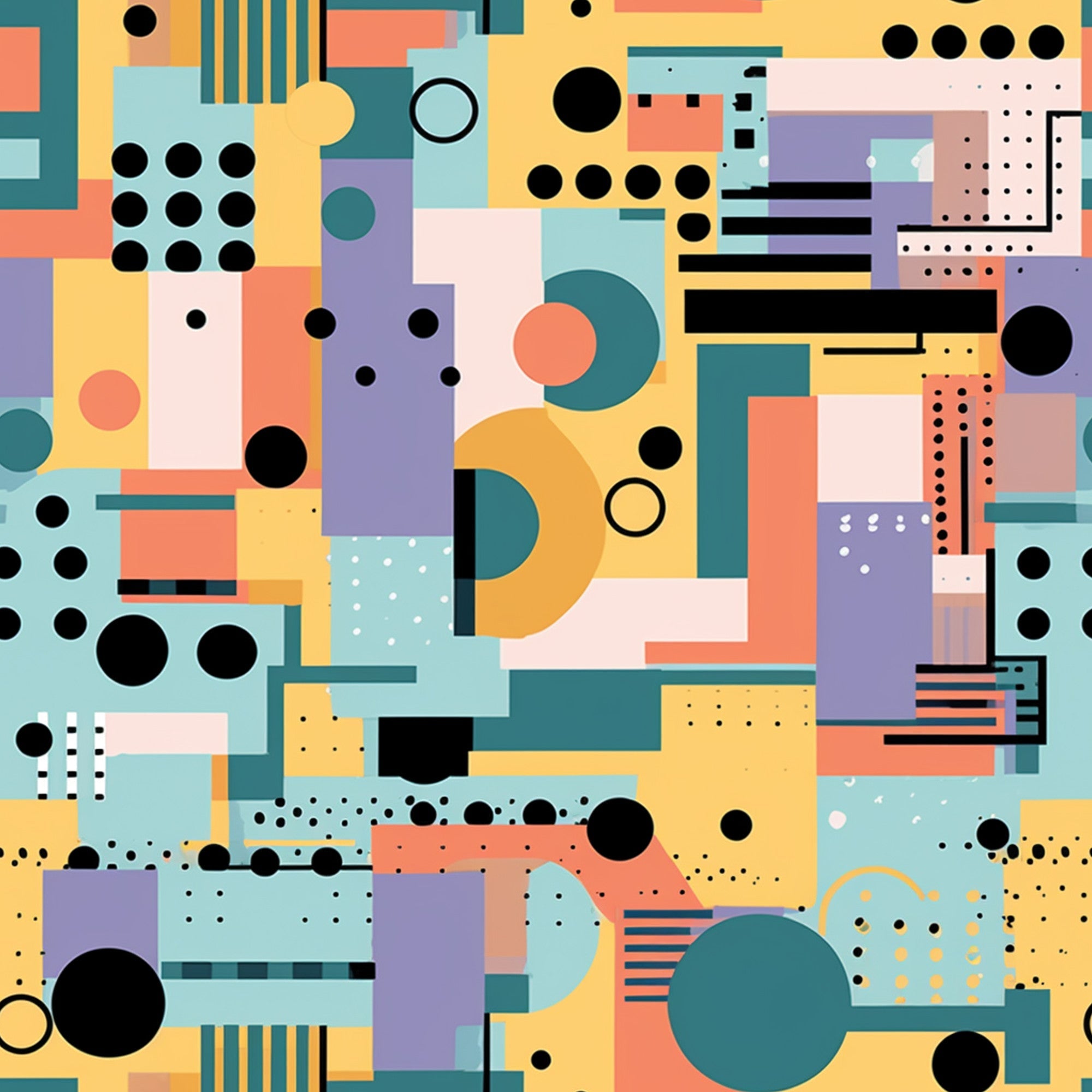 geometric shapes, retro modern, abstract composition, teal, coral, yellow, purple, mint green, black circles, rectangular blocks, dots pattern, lines design, mid-century style, contemporary art,, fabric panel, artistic blocks, color blocking, minimalist geometric, bauhaus inspired