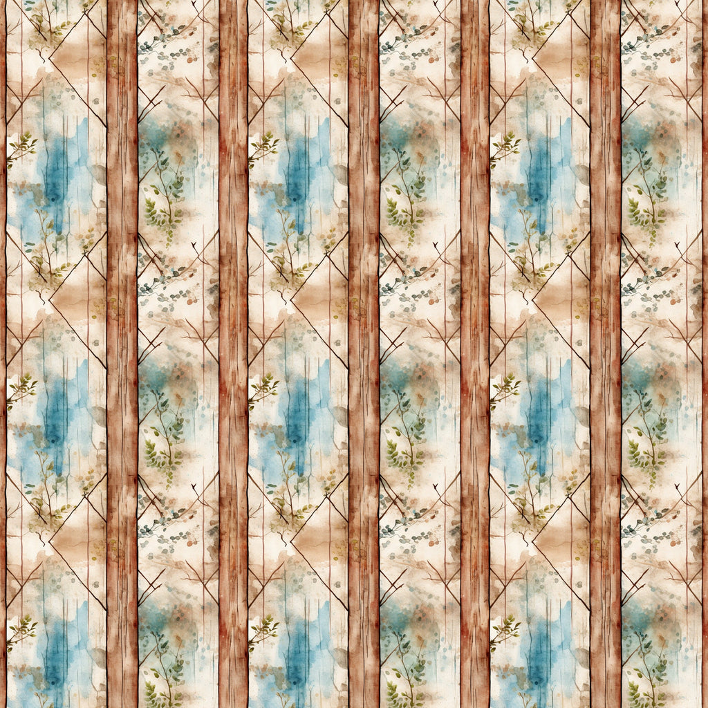 shabby chic, rustic, weathered wood, botanical, floral sprigs, blue watercolor, beige, cream, brown wood grain, diamond lattice, geometric pattern, distressed texture, vintage style, country cottage,, fabric panel, nature motif, soft pastels, aged patina, farmhouse