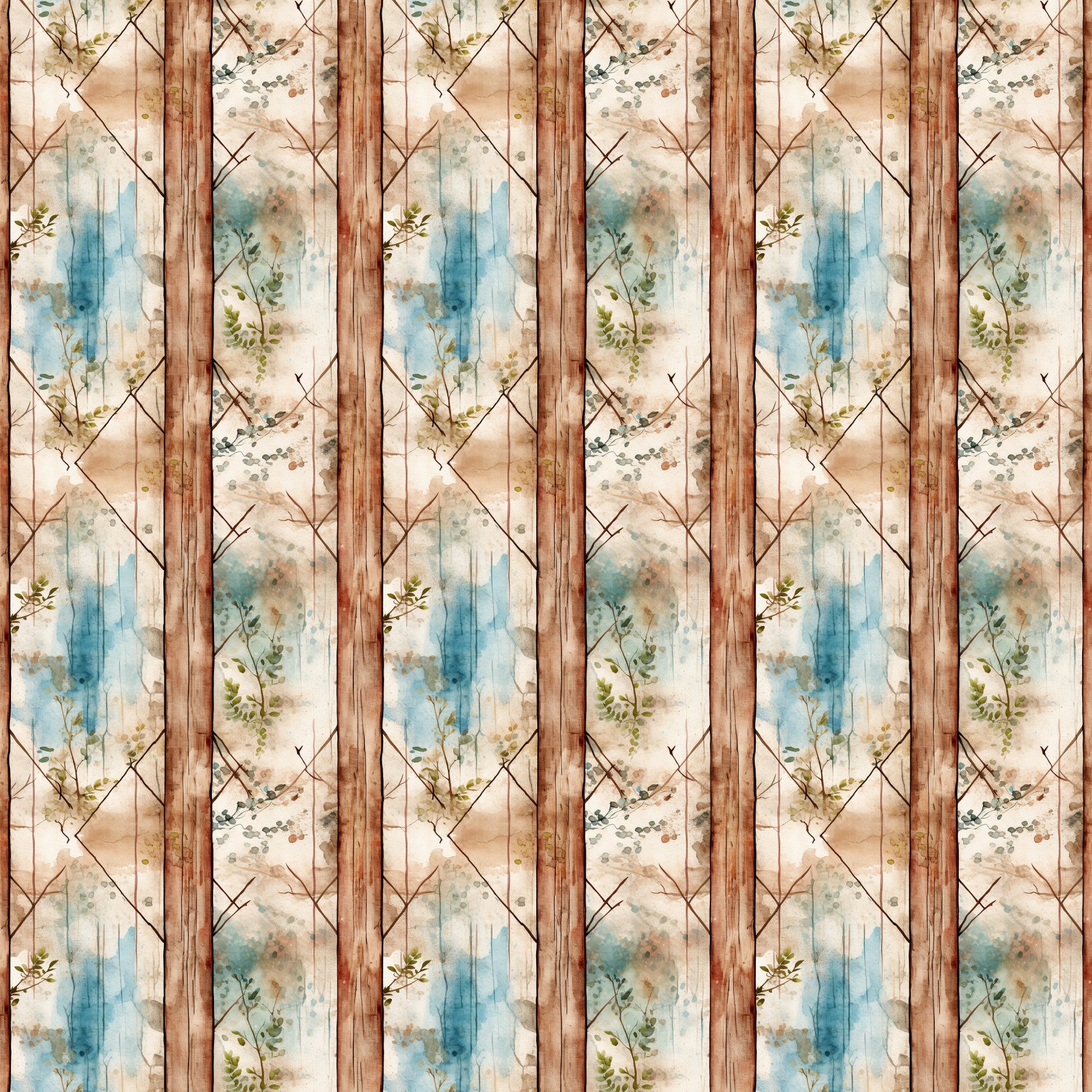 shabby chic, rustic, weathered wood, botanical, floral sprigs, blue watercolor, beige, cream, brown wood grain, diamond lattice, geometric pattern, distressed texture, vintage style, country cottage,, fabric panel, nature motif, soft pastels, aged patina, farmhouse