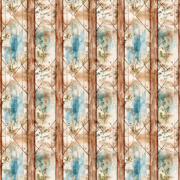 shabby chic, rustic, weathered wood, botanical, floral sprigs, blue watercolor, beige, cream, brown wood grain, diamond lattice, geometric pattern, distressed texture, vintage style, country cottage,, fabric panel, nature motif, soft pastels, aged patina, farmhouse