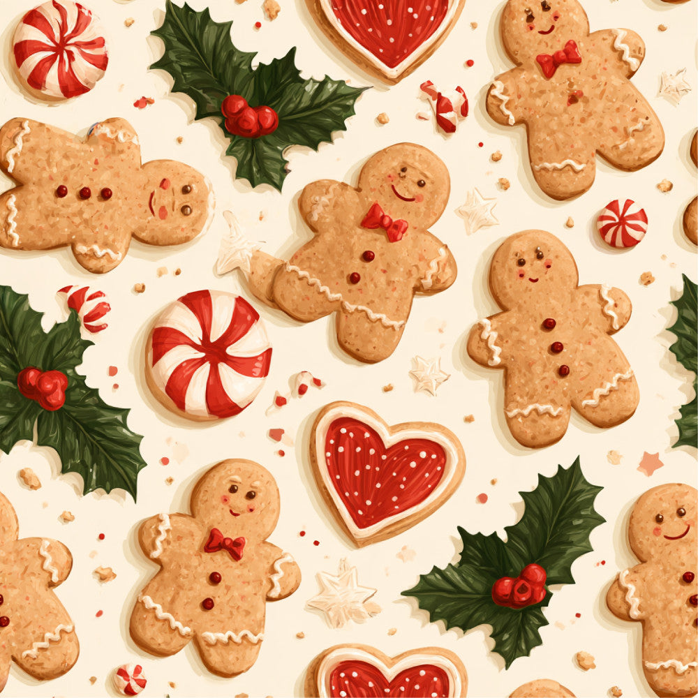 gingerbread, cream, red, white, green, holiday, christmas, peppermint candy, heart, festive, whimsical, cute, playful, traditional, seasonal, kids, children, winter, gingerbread men, holly berries, striped candy, cookie, dessert, baking, cheerful, nostalgic, vintage-inspired, sweet treats, decorative