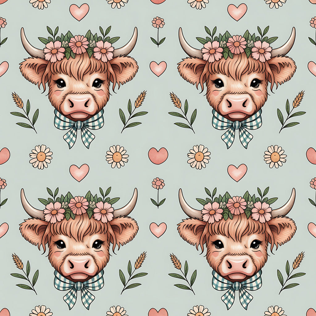 highland cow, bovine heads, floral crown, pink hearts, daisy flowers, gingham bow, sage green, coral pink, cream background, farmhouse style, cute animals, whimsical pattern,, fabric panel, pastoral theme, country charm, soft pastels, repeating motif, botanical elements, kawaii style