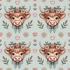 highland cow, bovine heads, floral crown, pink hearts, daisy flowers, gingham bow, sage green, coral pink, cream background, farmhouse style, cute animals, whimsical pattern,, fabric panel, pastoral theme, country charm, soft pastels, repeating motif, botanical elements, kawaii style