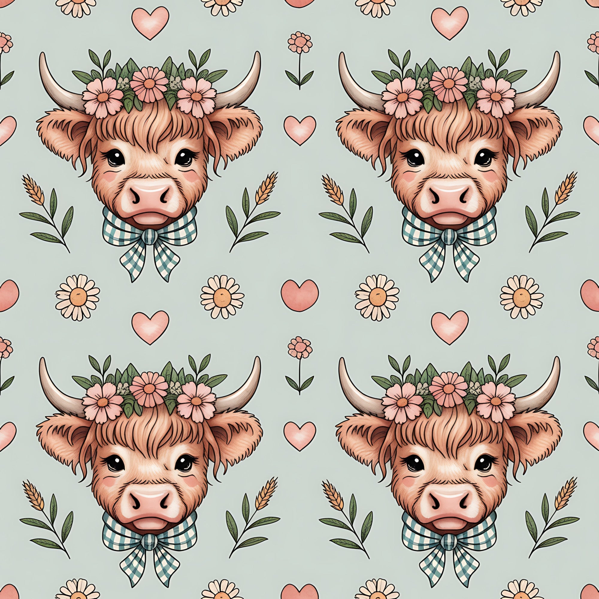 highland cow, bovine heads, floral crown, pink hearts, daisy flowers, gingham bow, sage green, coral pink, cream background, farmhouse style, cute animals, whimsical pattern,, fabric panel, pastoral theme, country charm, soft pastels, repeating motif, botanical elements, kawaii style